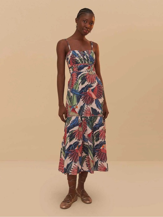 FARM Rio Dresses & Skirts - FARM Rio Macaw Flight Pink Tiered Parrot Midi Dress - Cotton